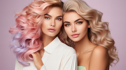 Two beautiful girls with hair coloring in blond. Stylish hairstyle curls done in a beauty salon. Beauty, cosmetics and makeup concept, copy space, advertisement