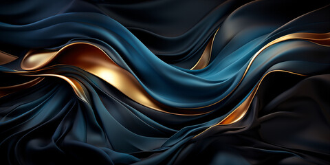 Obraz premium Wellenmotiv in gold mit blauen Farben als Hintergrundmotiv für Webdesign im Querformat für Banner, ai generativ
