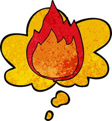 cartoon fire with thought bubble in grunge texture style
