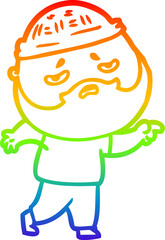 rainbow gradient line drawing of a cartoon worried man with beard