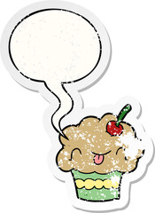 funny cartoon cupcake with speech bubble distressed distressed old sticker