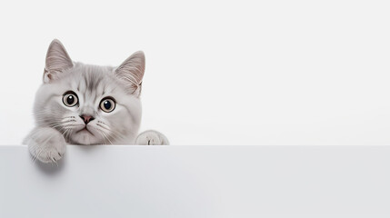 A
 kitten peeks out from under the table on a white background