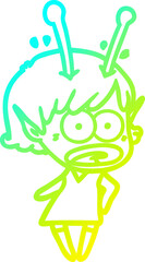 cold gradient line drawing of a cartoon shocked alien girl