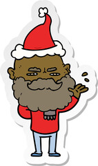 hand drawn sticker cartoon of a dismissive man with beard frowning wearing santa hat