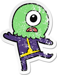 distressed sticker of a cartoon cyclops alien spaceman