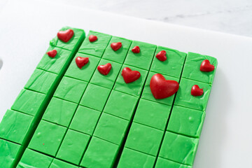 Green fudge with red hearts