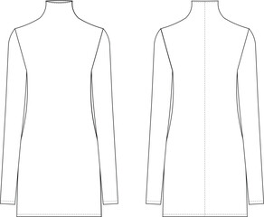 high neck  elastic long sleeve mini short dress template technical drawing flat sketch cad mockup fashion woman - obrazy, fototapety, plakaty