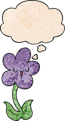 cartoon flower with happy face with thought bubble in grunge texture style