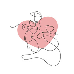 Lovers with one line vector faces of guy and girl in line art on background of pink Valentine's day