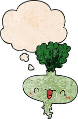 cartoon turnip with thought bubble in grunge texture style
