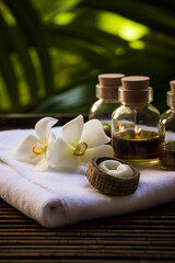 Thai Massage Spa Therapy with Herbal Towel Compress Ball, Coconut Oil, Perfume, Cosmetics, and Plumeria Flower on Massage Bed created with Generative Ai