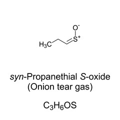 Propanethial S-oxide chemical formula and structure. Organosulfur compound, released from onions as they are sliced. Volatile liquid and tear gas, triggering tearing and stinging on contact with eyes.