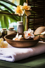Obraz na płótnie Canvas Thai Massage Spa Therapy with Herbal Towel Compress Ball, Coconut Oil, Perfume, Cosmetics, and Plumeria Flower on Massage Bed created with Generative Ai