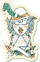 Retro Tattoo Style elf bard with natural twenty dice roll