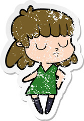 distressed sticker of a cartoon indifferent woman