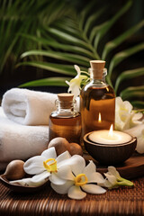 Thai Massage Spa Therapy with Herbal Towel Compress Ball, Coconut Oil, Perfume, Cosmetics, and Plumeria Flower on Massage Bed created with Generative Ai