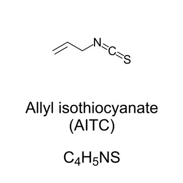 Allyl isothiocyanate, chemical formula and structure. Colorless oil, responsible for pungent taste and lachrymatory effect of Cruciferous vegetables such as mustard, radish, horseradish, and wasabi.