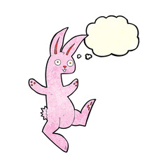 funny cartoon pink rabbit with thought bubble