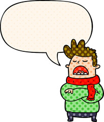 cartoon obnoxious man in winter clothes with speech bubble in comic book style