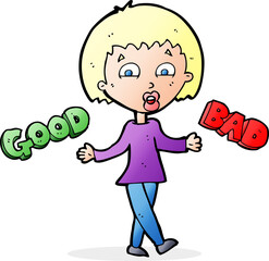 cartoon woman weighing up good and bad options