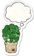 cartoon shrub in pot with thought bubble as a distressed worn sticker