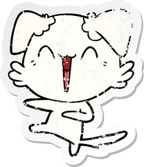 distressed sticker of a happy dancing dog cartoon