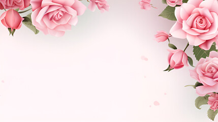 spring floral background with copy space,frame made of beautiful pink roses and green leaves isolated on white background with copy space,Wedding frame with copy space,generative ai