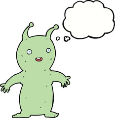 cartoon happy little alien with thought bubble