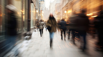 People walking on the street, motion blur, urban abstract background.