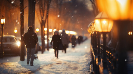 Blurred image of people walking on the street in the winter.