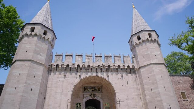turkey Istanbul, May 2023: Entrance Door of Topkapi Palace in Istanbul, Turkey. The Gate of Salutation at Topkapi Palace, details and buildings of famous museum complex at Istanbul city.

