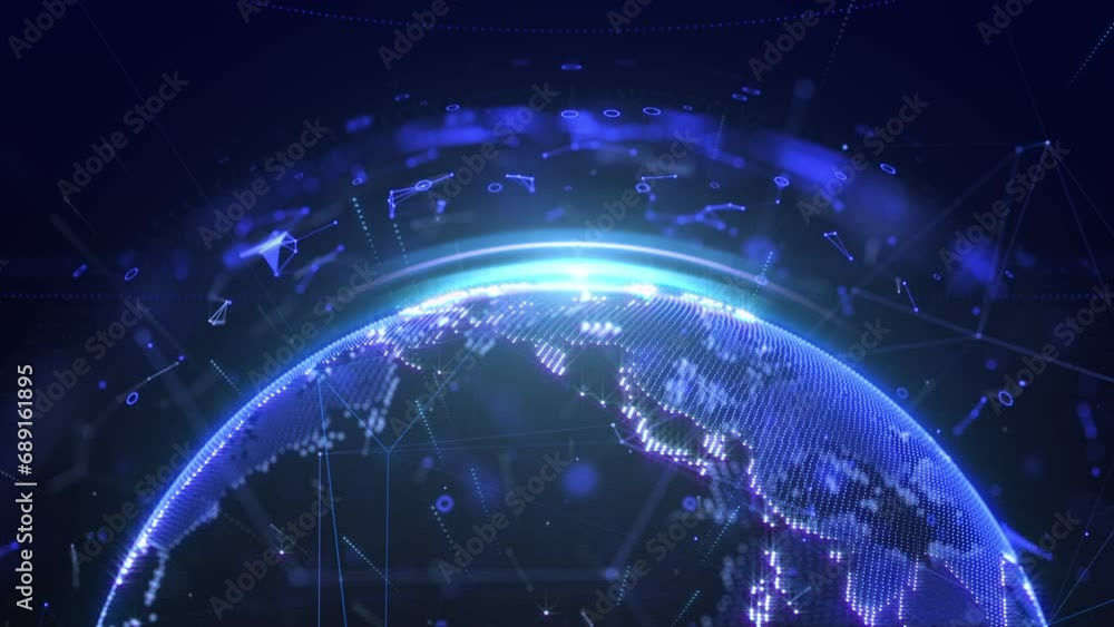 Poster Technology futuristic of digital earth with lens flare rotating at blue bottom scene background. Data communication network connection coverage on globe planet 4K motion background.