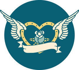 iconic tattoo style image of a flying heart with flowers and banner