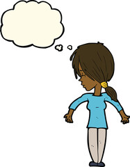 cartoon woman shrugging shoulders with thought bubble