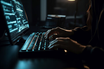 Close up of hacker typing on computer keyboard in dark room at night