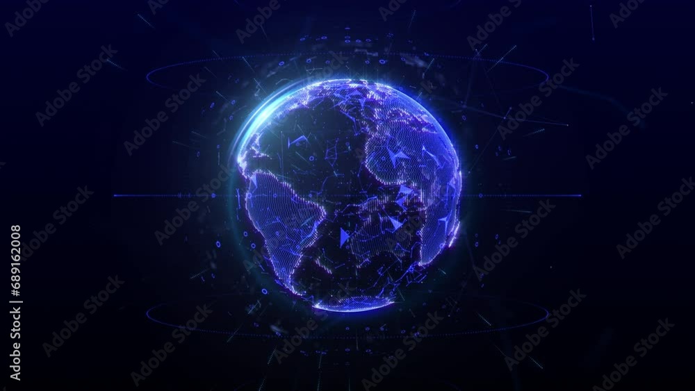 Poster Digital global network solution platform with data connection transfer concept. Blue earth planet spinning on the middle galaxy of background space 4K motion background.