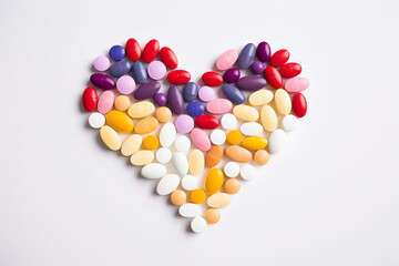 capsules and tablets of different colors are arranged in the form of a heart on an isolated white background