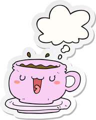 cute cartoon cup and saucer with thought bubble as a printed sticker