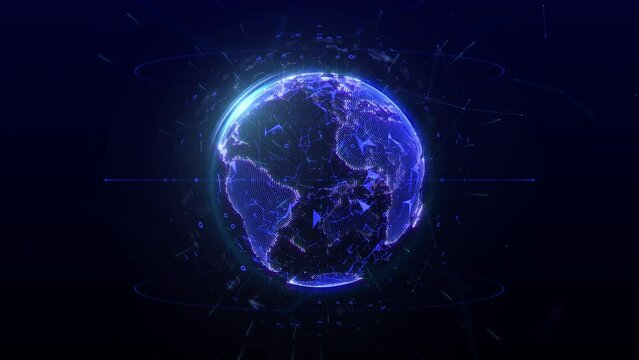 Digital global network solution platform with data connection transfer concept. Blue earth planet spinning on the middle galaxy of background space 4K motion background.