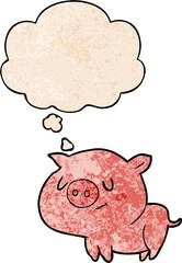 cartoon pig with thought bubble in grunge texture style