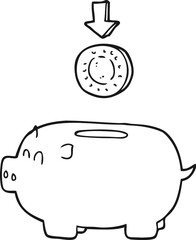 freehand drawn black and white cartoon piggy bank