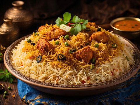 Chicken biryani , kerala style chicken dhum biriyani made using jeera rice and spices arranged in a brass serving bowl
