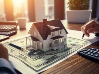 Real estate agent with house model and dollar banknote on table
