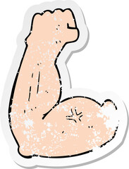 retro distressed sticker of a flexing bicep cartoon