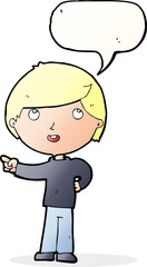 cartoon boy pointing with speech bubble