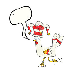 freehand speech bubble textured cartoon chicken running in funny hat