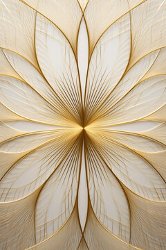 hyperbola and parabola patterns, kaleidoscopic, white leaf on textured gold paper created with Generative Ai