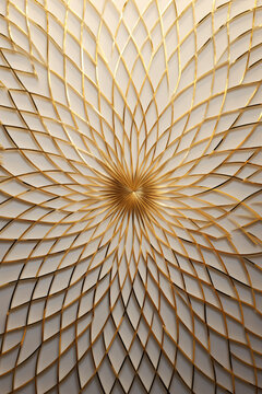 hyperbola and parabola patterns, kaleidoscopic, white leaf on textured gold paper created with Generative Ai
