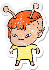 distressed sticker of a cute cartoon alien girl