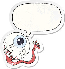 cartoon injured eyeball with speech bubble distressed distressed old sticker